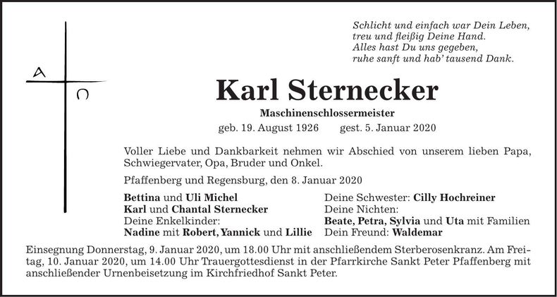 Traueranzeige Karl Sternecker