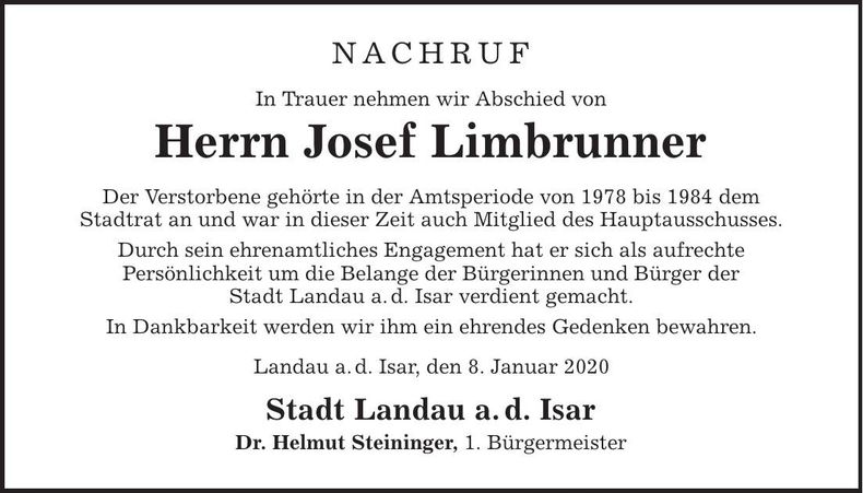Traueranzeige Josef Limbrunner