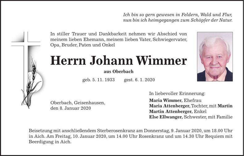 Traueranzeige Johann Wimmer