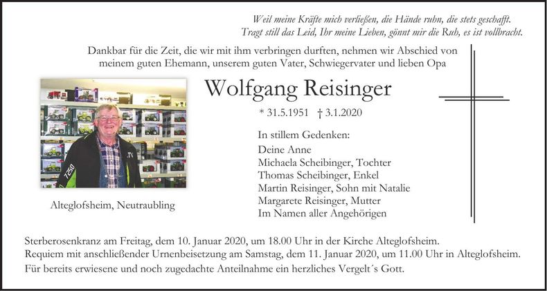 Traueranzeige Wolfgang Reisinger