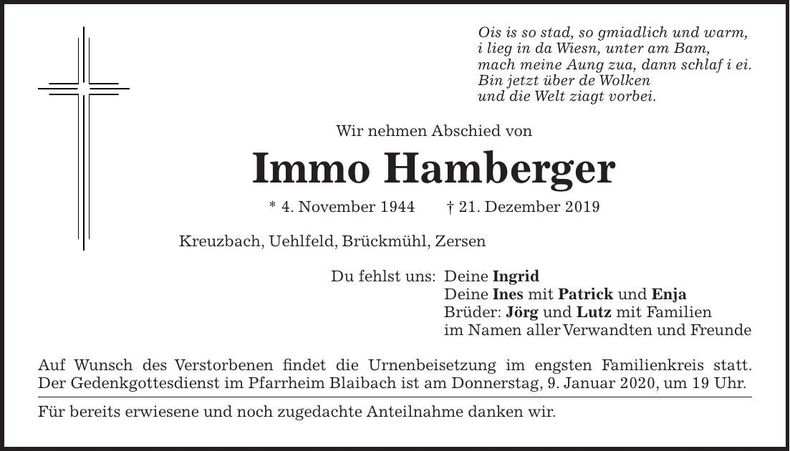 Traueranzeige Immo Hamberger