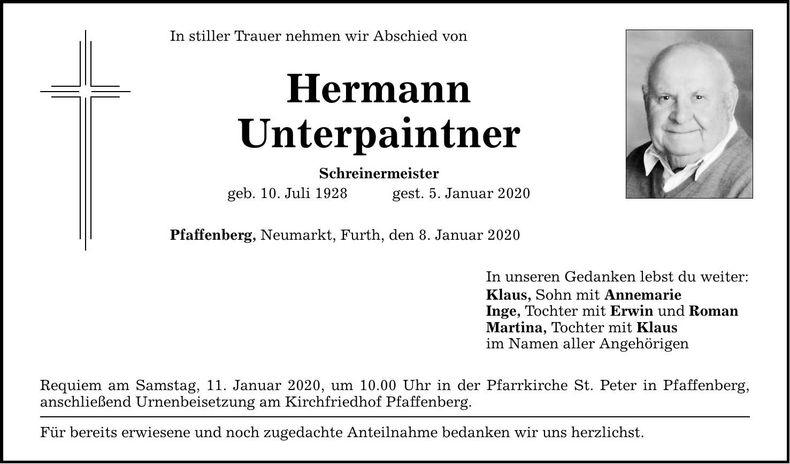 Traueranzeige Hermann Unterpaintner