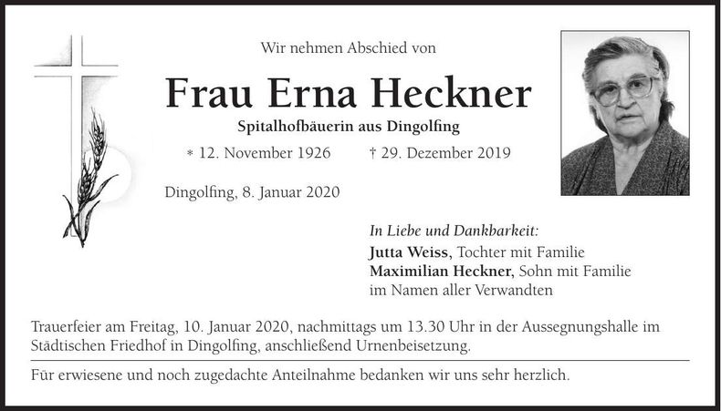 Traueranzeige Erna Heckner