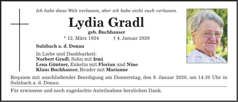 Traueranzeige Lydia Gradl