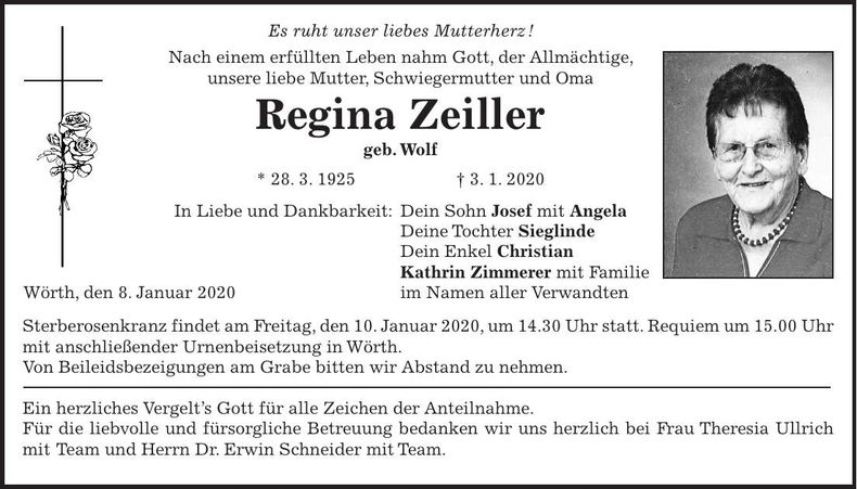 Traueranzeige Regina Zeiller