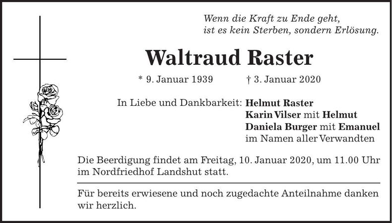 Traueranzeige Waltraud Raster