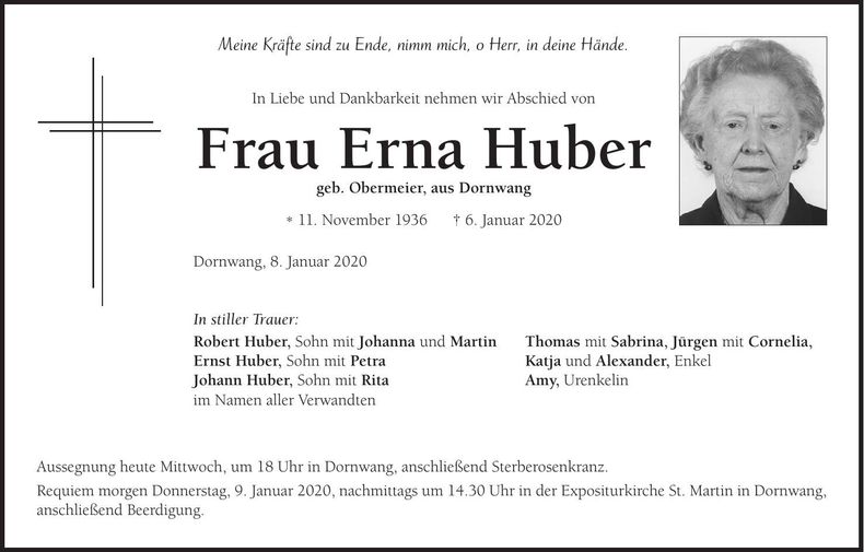 Traueranzeige Erna Huber