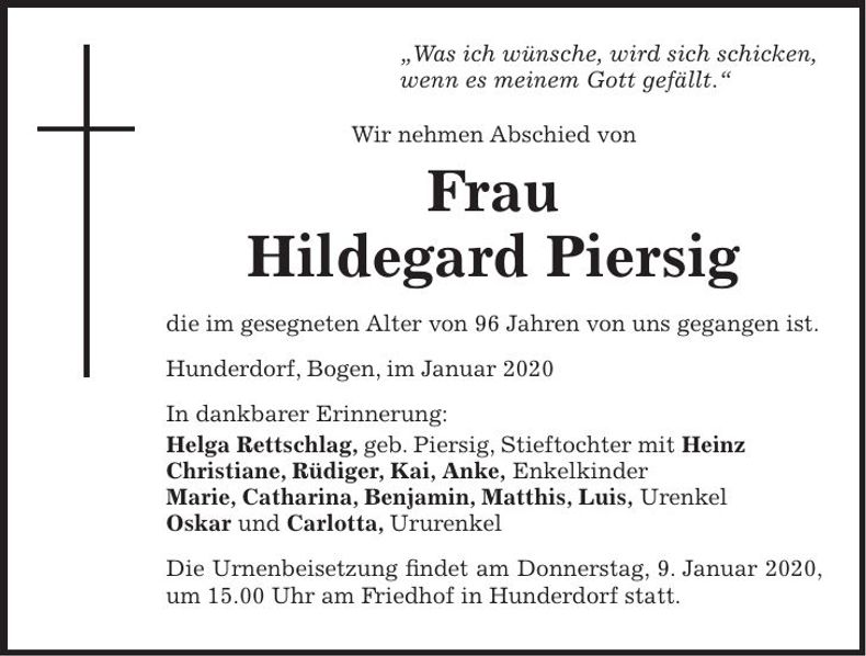 Traueranzeige Hildegard Piersing