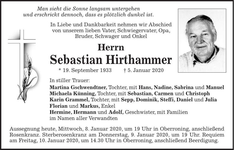 Traueranzeige Sebastian Hirthammer