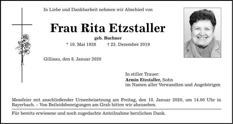 Traueranzeige Rita Etzstaller
