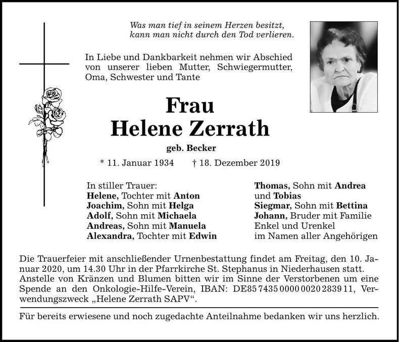 Traueranzeige Helene Zerrath