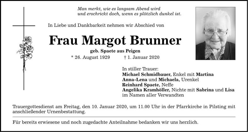 Traueranzeige Margot Brunner