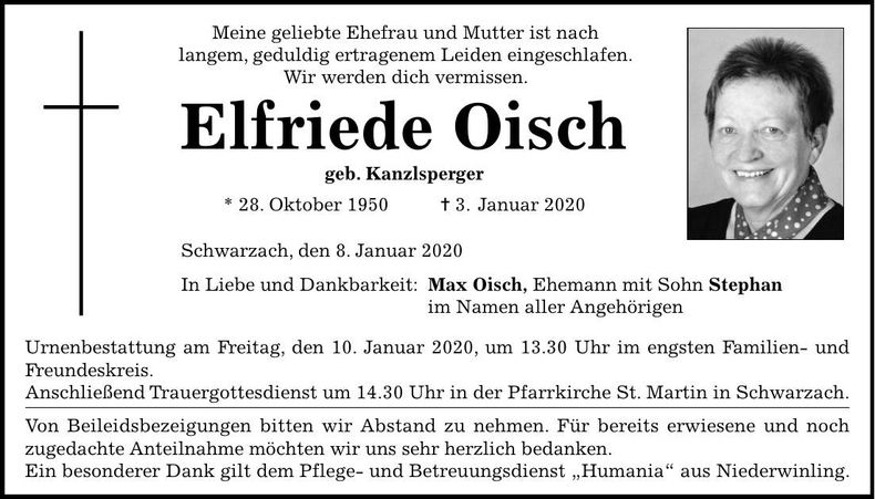 Traueranzeige Elfriede Oisch