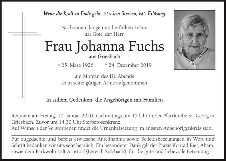Traueranzeige Johanna Fuchs