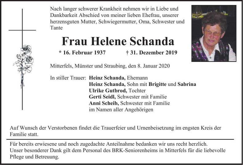 Traueranzeige Helene Schanda