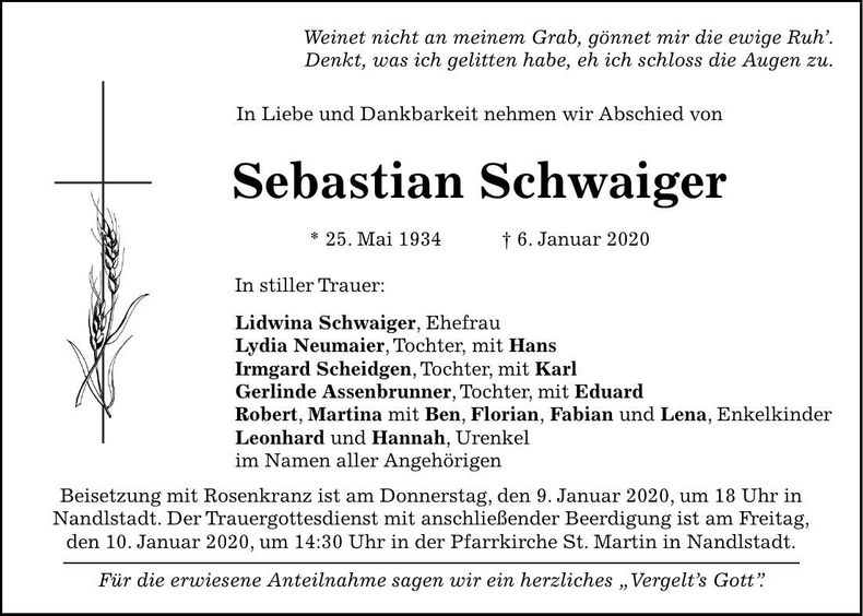 Traueranzeige Sebastian Schwaiger
