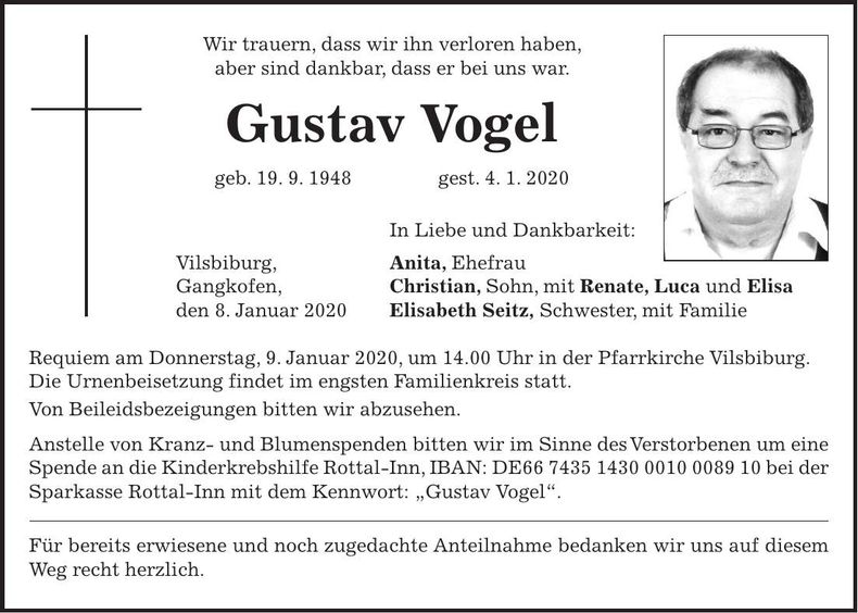 Traueranzeige Gustav Vogel