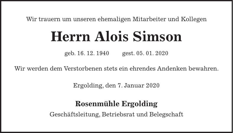 Traueranzeige Alois Simson