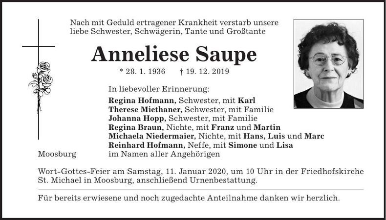 Traueranzeige Anneliese Saupe