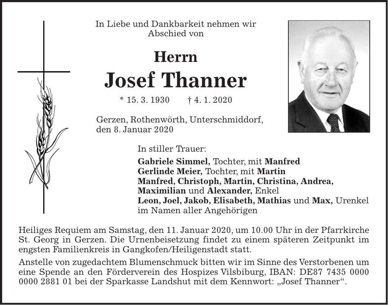 Traueranzeige Josef Thanner