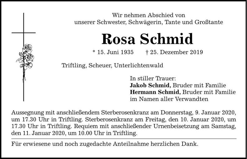 Traueranzeige Rosa Schmid