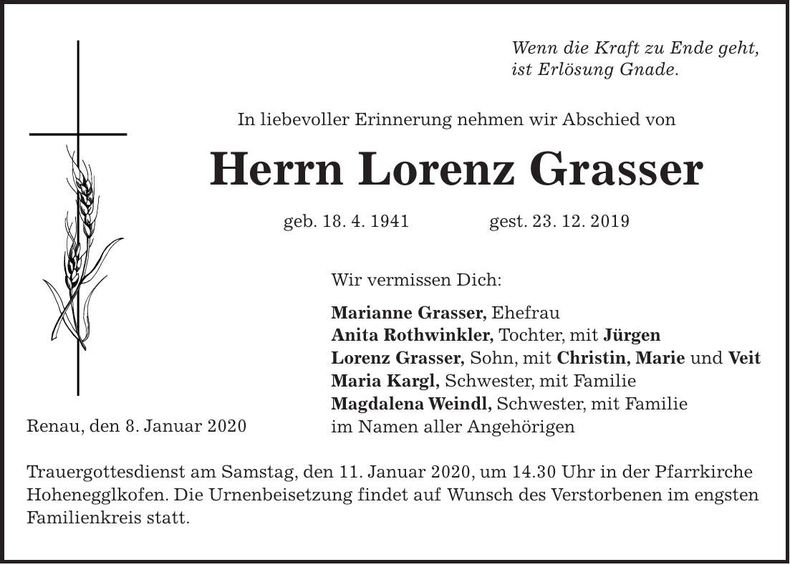Traueranzeige Lorenz Grasser