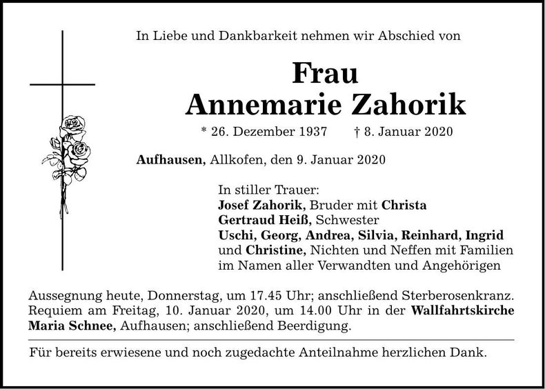 Traueranzeige Annemarie Zahorik