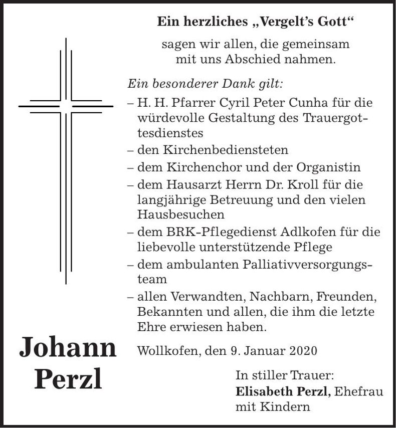 Traueranzeige Johann Perzl