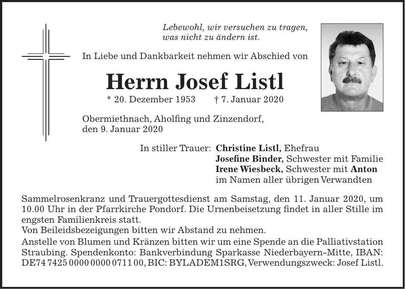 Traueranzeige Josef Listl