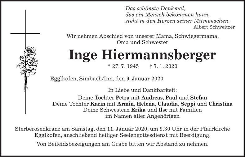 Traueranzeige Inge Hiermannsberger