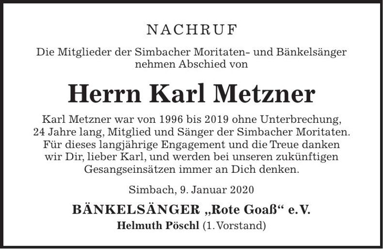 Traueranzeige Karl Metzner