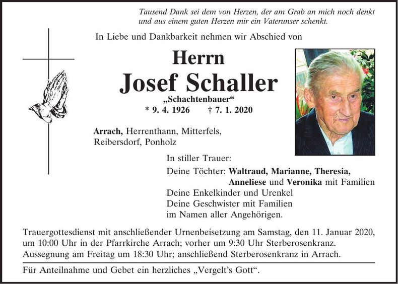 Traueranzeige Josef Schaller