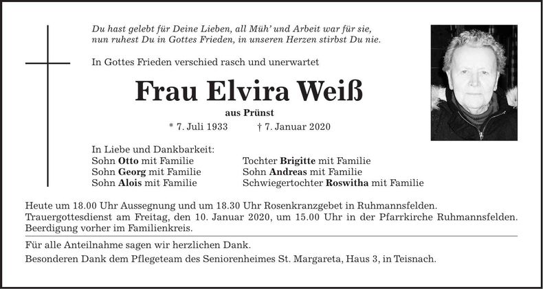 Traueranzeige Elvira Weiß