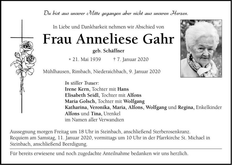 Traueranzeige Anneliese Gahr