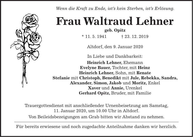 Traueranzeige Waltraut Lehner