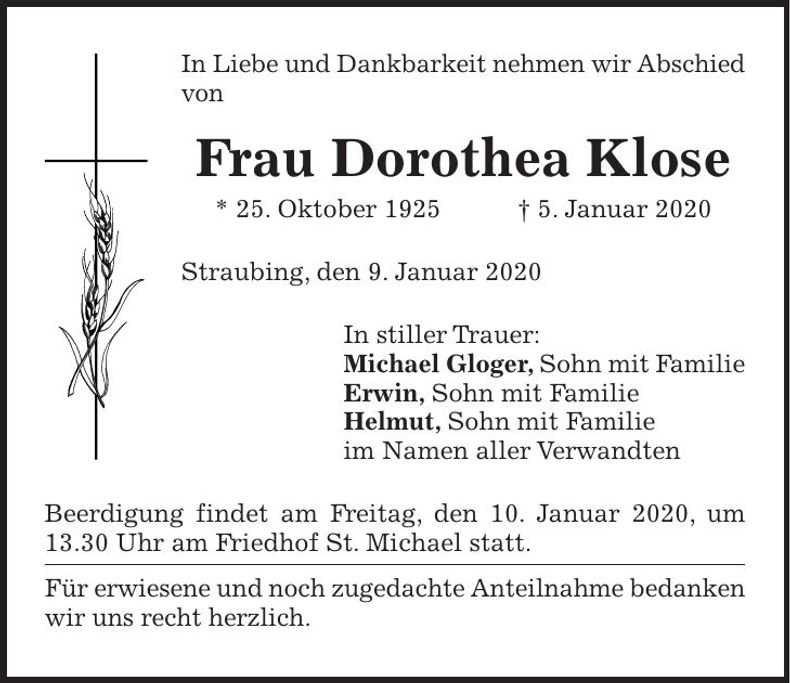 Traueranzeige Dorothea Klose