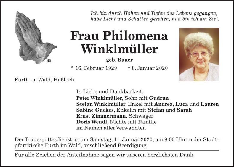 Traueranzeige Philomena Winklmüller