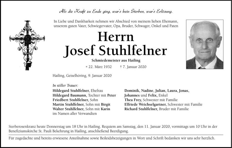 Traueranzeige Josef Stuhlfelner