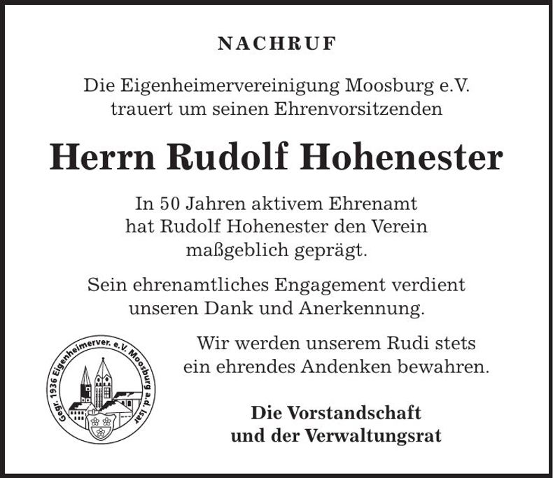 Traueranzeige Rudolf Hohenester