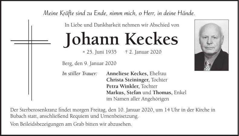 Traueranzeige Johann Keckes