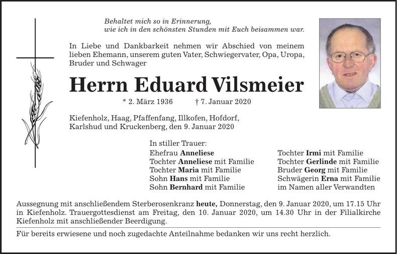 Traueranzeige Eduard Vilsmeier