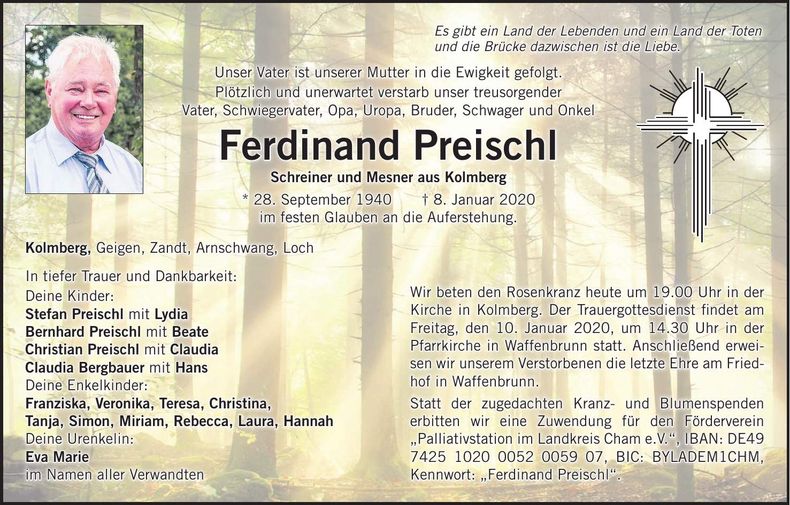 Traueranzeige Ferdinand Preischl