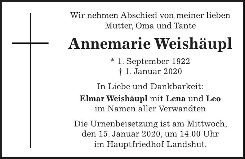 Traueranzeige Annemarie Weishäupl