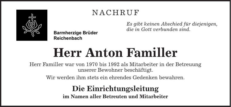 Traueranzeige Anton Familler
