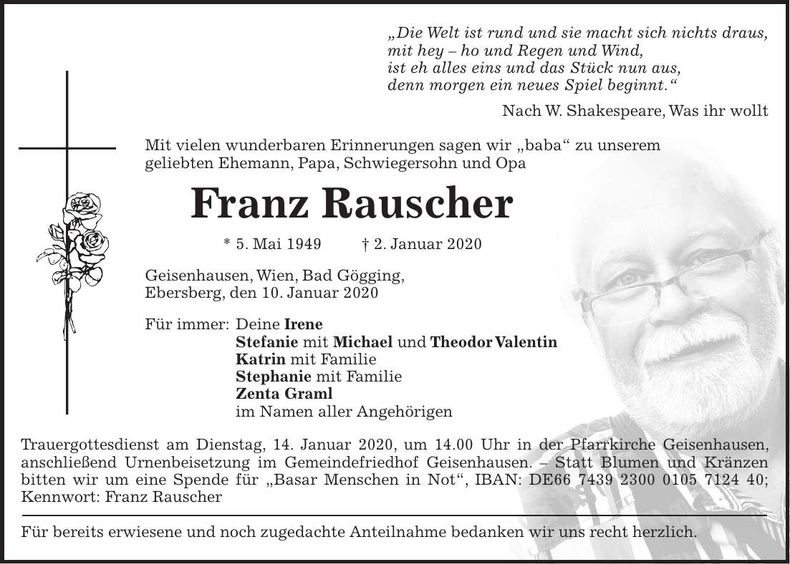 Traueranzeige Franz Rauscher