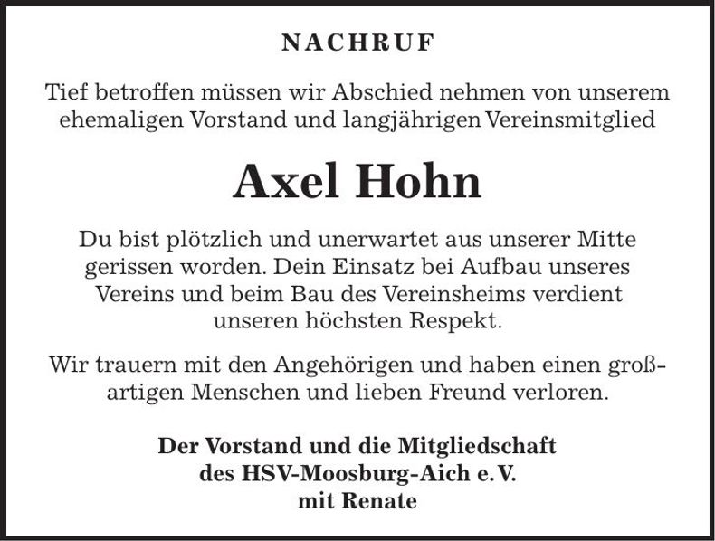Traueranzeige Axel Hohn