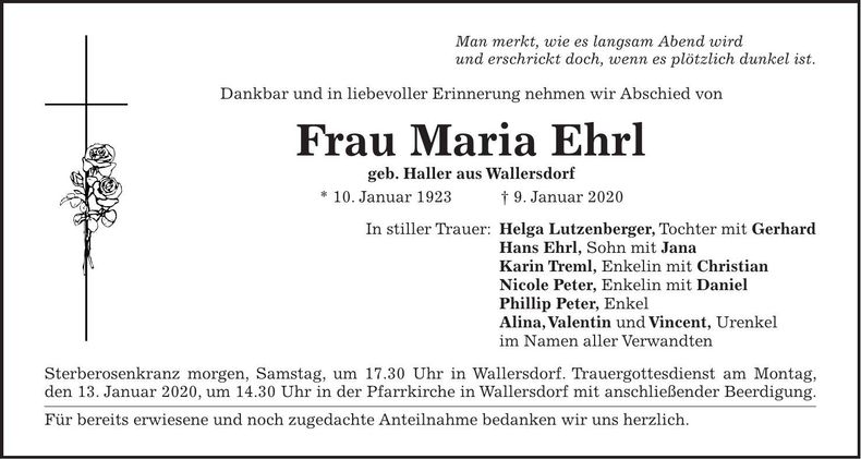 Traueranzeige Maria Ehrl