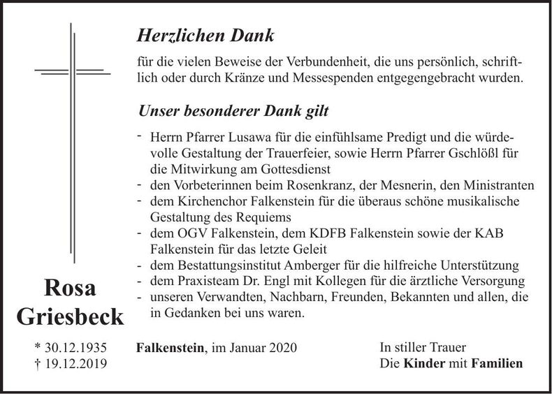 Traueranzeige Rosa Griesbeck