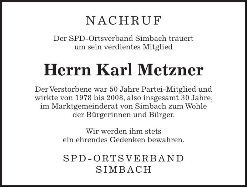 Traueranzeige Karl Metzner