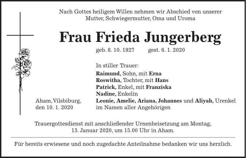 Traueranzeige Frieda Jungberg